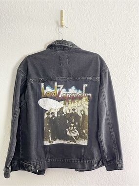 Led Zeppelin Up-Cycled Distressed Black Denim Trucker Jacket Zeppelin graphic